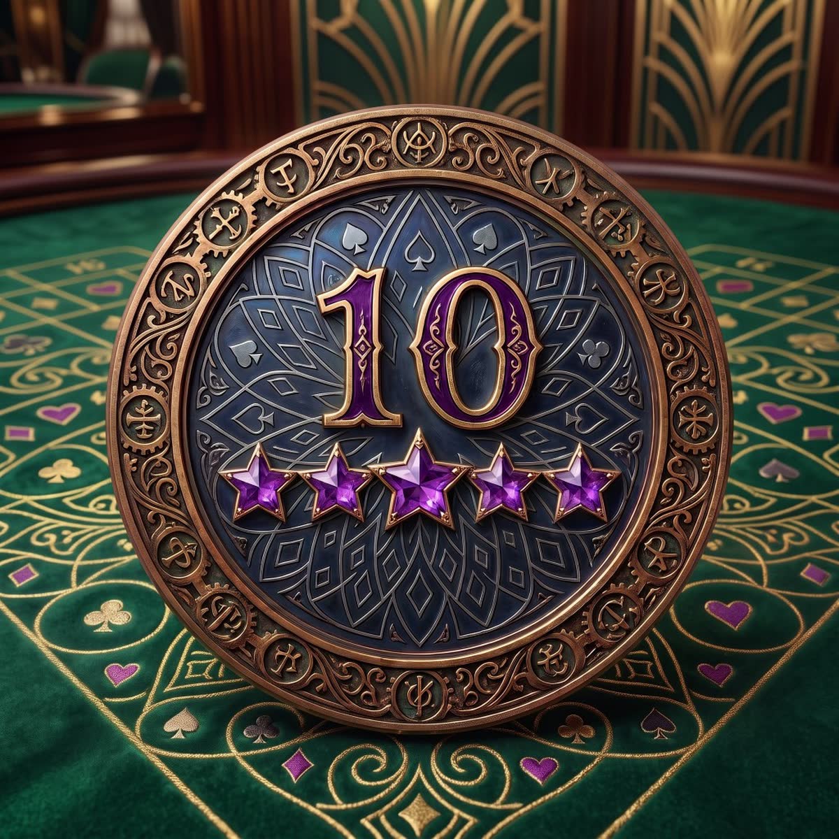 An ornate token standing on a green felt table